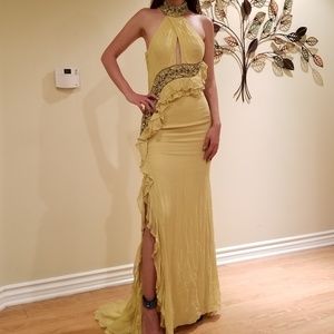 Yellow sheer long dress with handmade broidery